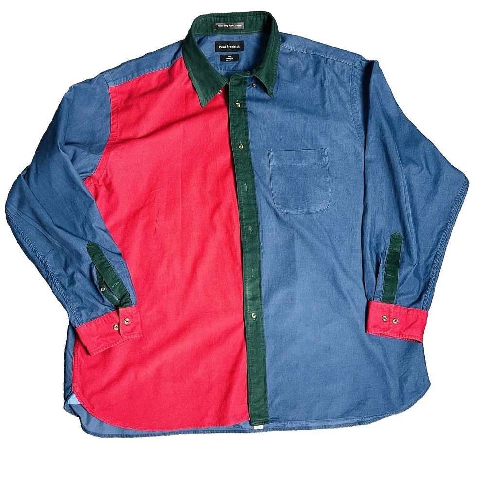 Paul Fredrick XXL Corduroy Colorblock Button Down Shirt Y2K Blue Red Green